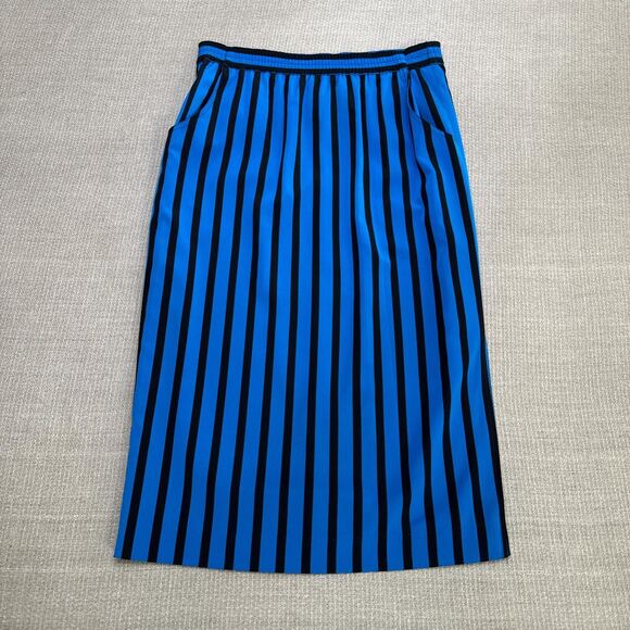 Retro 1980s Vintage Liz Claiborne Blue + Black Striped Pencil Skirt Size Small - Picture 2 of 6